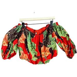 Free People Red Floral Hibiscus Off Shoulder Crop‎ Top Linen Size Small